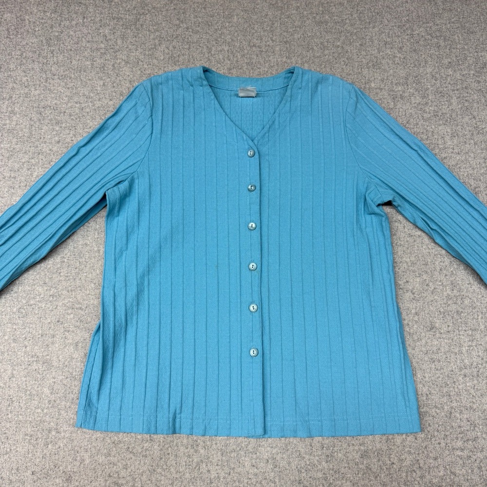Butterfly Logo | Ribbed Pointelle Cardigan Top | L | Blue V-Neck Long Sleeve